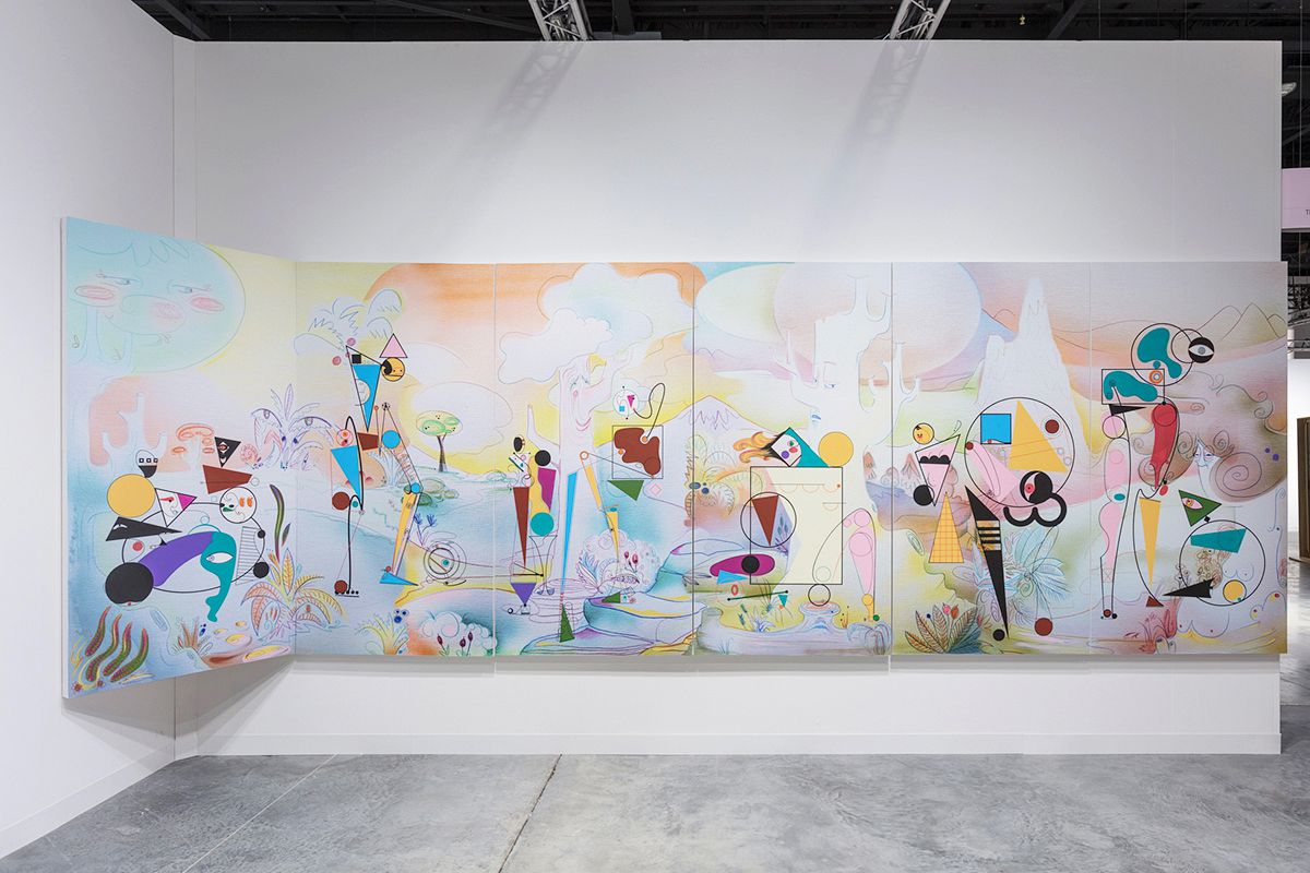 Ad Minoliti, Cyberselvas, 2017, acrylic and print on canvas, 582 x 193 cm, exhibition view at Art Basel Miami Beach, Nova. Courtesy Galerie Crèvecoeur, Paris - Image copyright Silvia Rios