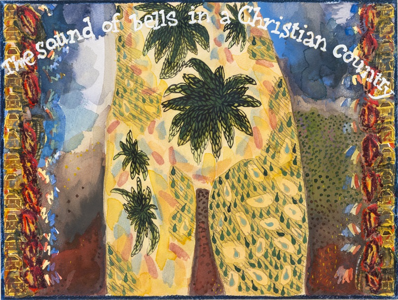 Jade Montserrat, 'The Sound of Bells in a Christian Country', 2017-21. Watercoulor, gouache, pencil, oil pastel, masking fluid on paper, 31 x 41 cm. Courtesy the artist and Bosse and Baum