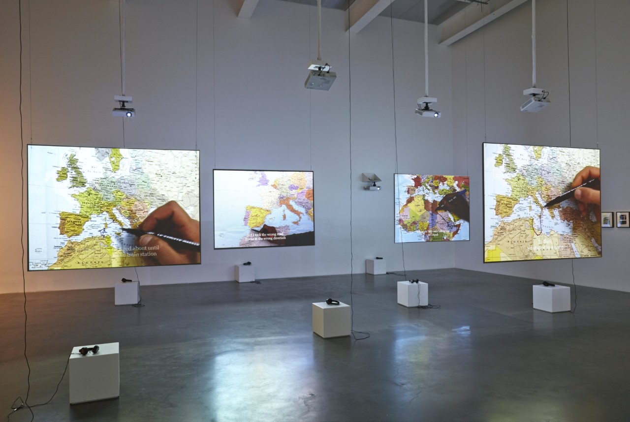 Bouchra Khalili, The Mapping Journey Project, 2008-2011. Installation view, 'Here and Elsewhere', New Museum. Courtesy New Museum, New York. Photos Benoit Pailley