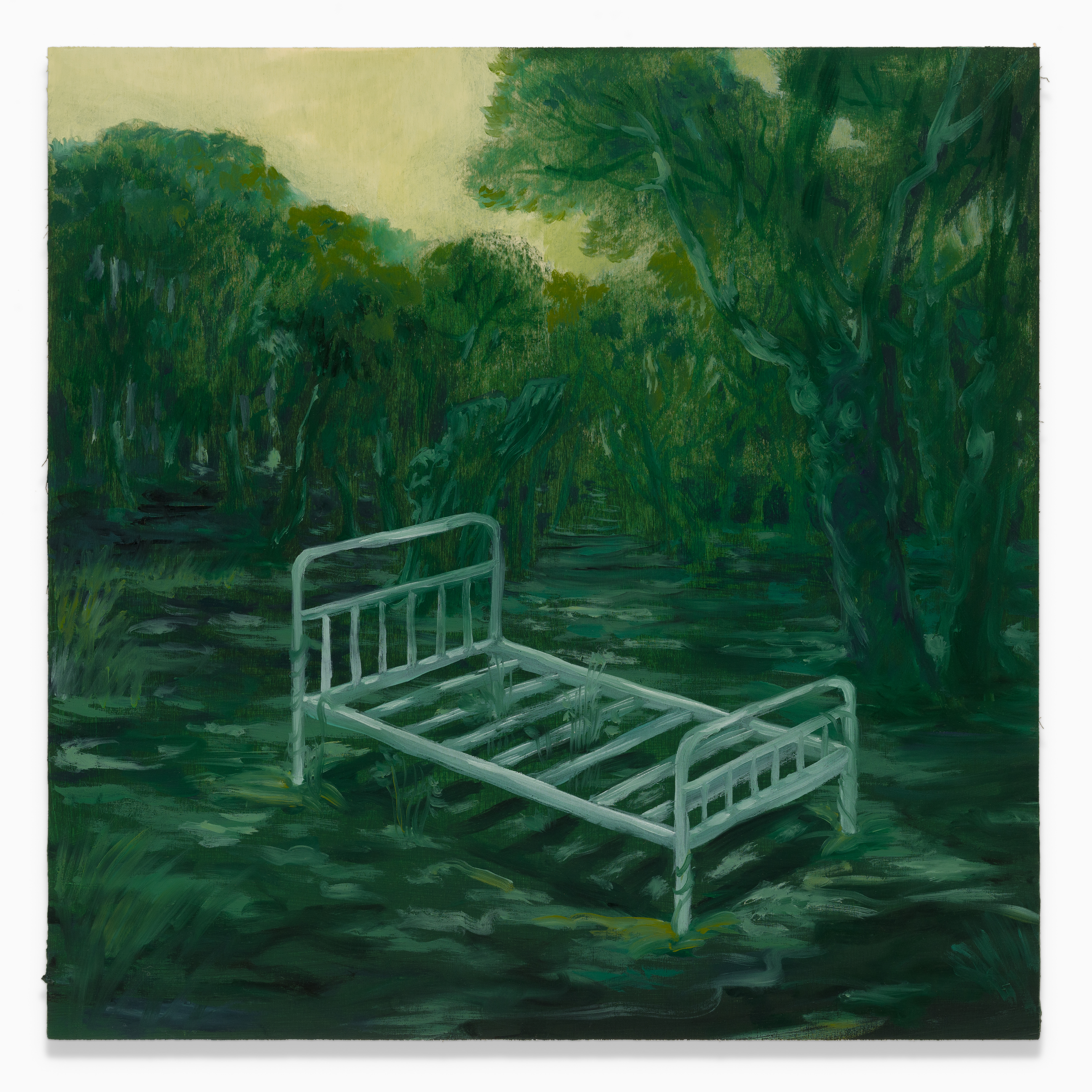 Laura Footes, Bed In The Woods, 2024, Oil on board, 30 x 30 cm, courtesy the artist and Carl Freedman Gallery