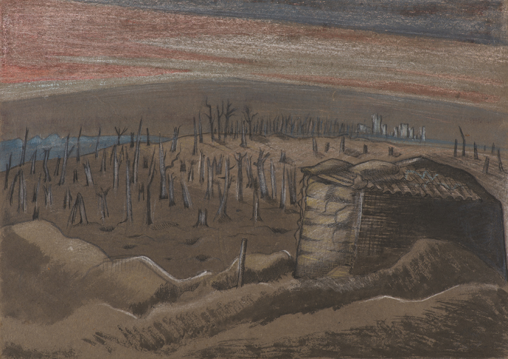 Paul Nash, 'Sanctuary Wood', 1917. Watercolour and chalk on brown paper, 25.4cm x 35.6cm. Courtesy of Grundy Art Gallery