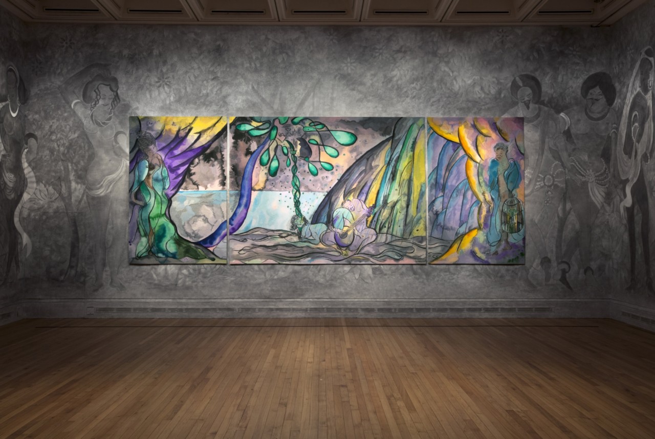 Installation view of Chris Ofili, The Caged Bird's Song, 2014–2017. Wool, cotton and viscose. Triptych, left and right panels each 280 x 184 cm; centre panel 280 x 372 cm. © Chris Ofili. Courtesy the artist and Victoria Miro, London, The Clothworkers’ Company and Dovecot Tapestry Studio, Edinburgh. Photography: Gautier Deblonde