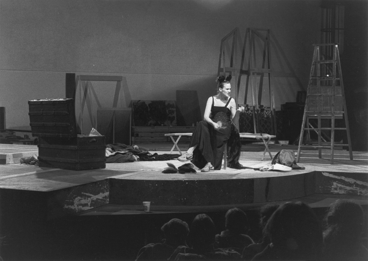 Rose English. Plato’s Chair, Montréal, 1983. Gelatin silver print. 69 x 101.5 cm. Photo by Geneviève Cadieux. Copyright the Artist. Courtesy Richard Saltoun Gallery, London.