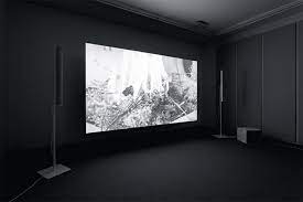 James Richards, Raking Light, 2014, digital video, black-and-white and color, sound, 7 minutes 5 seconds. Installation view, Cabinet Gallery, London.