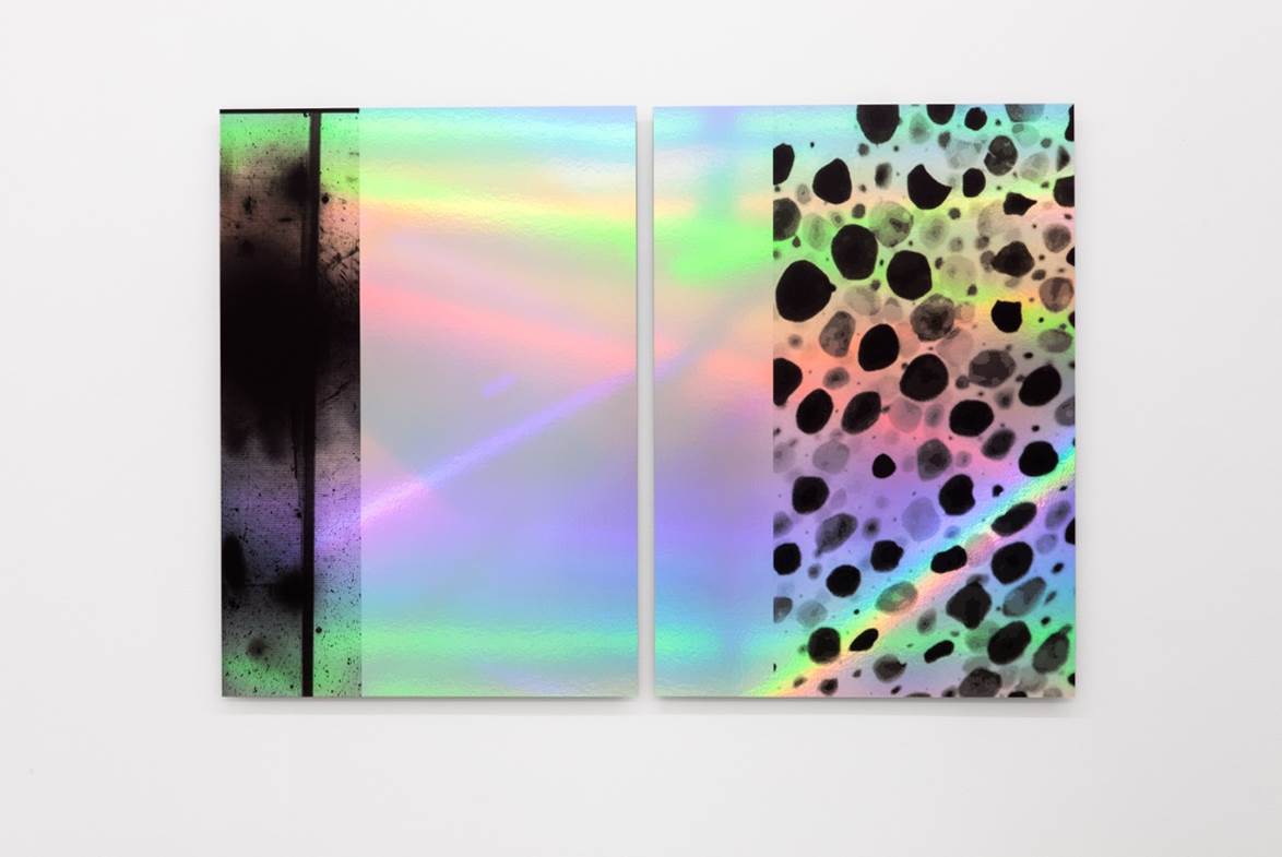 Anna Barham, flashIMG_0666_inv_chromatophore.jpg, UV print on rainbow holographic paper, mounted on aluminium, 96.5 x 143cm, 2015. Image courtesy the artist and Arcade, London.