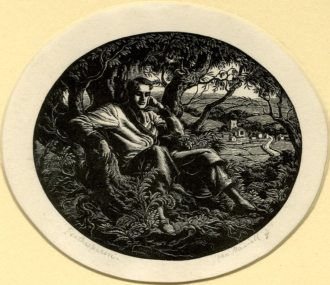 Title-page: figure seated at base of tree (Illustration Christopher Hassall's 'Penthesperon', Heinemann:  1938) (1938)