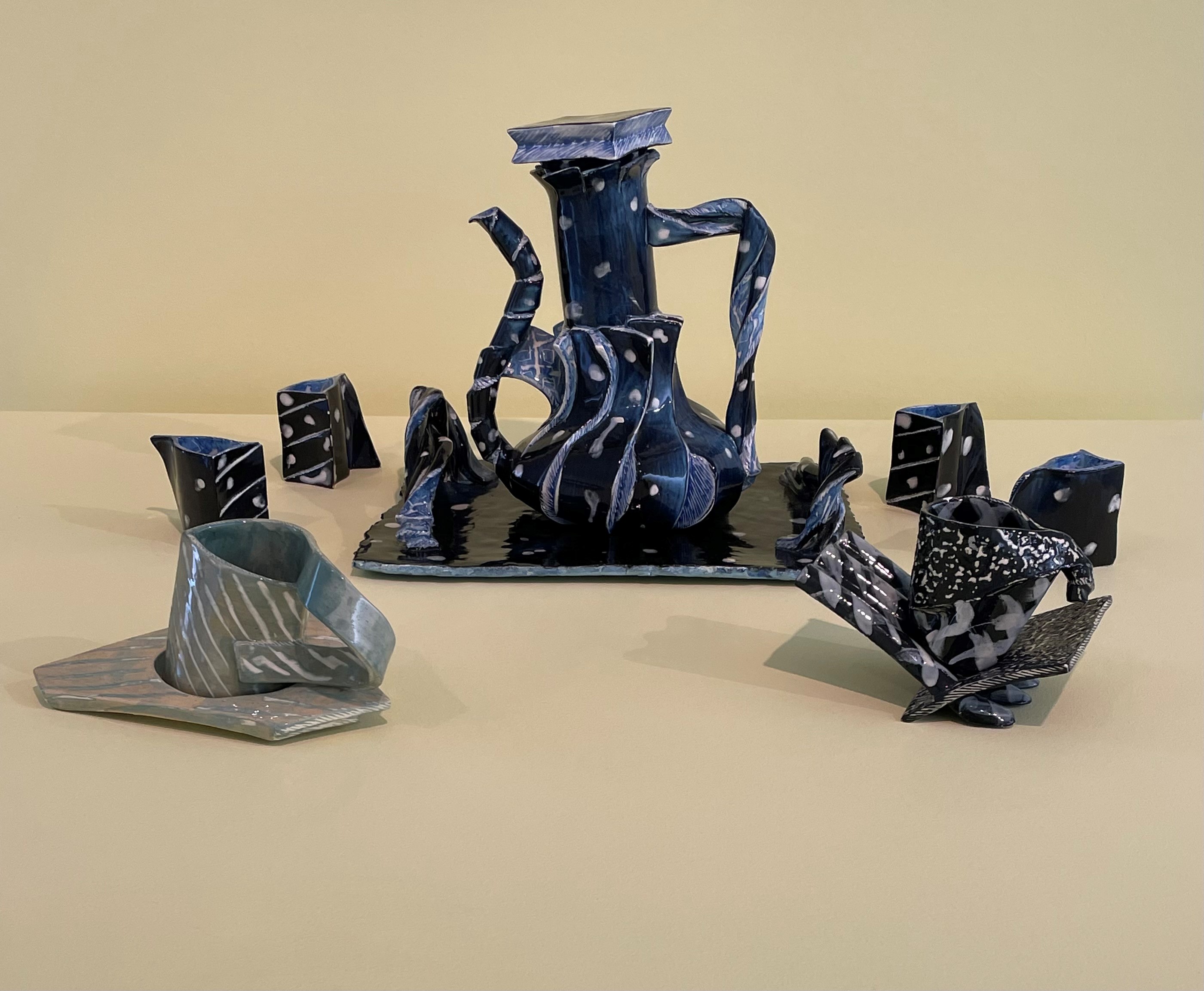 Coffee Set with tray and 4 cuboid cups (deep blue) (circa 1990)