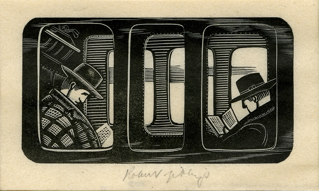 Vignette of two men in railway carriage (Illustration to Grey's 'Fallodon Papers', London: 1926) (1926)