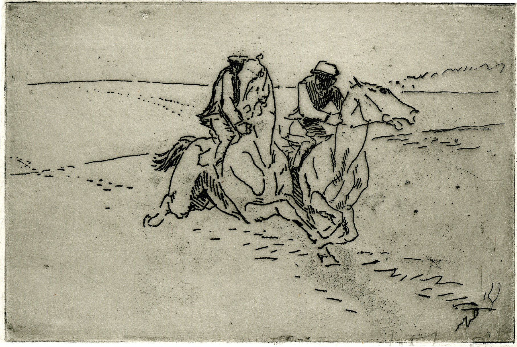 Two figures riding horses (1892-1920)