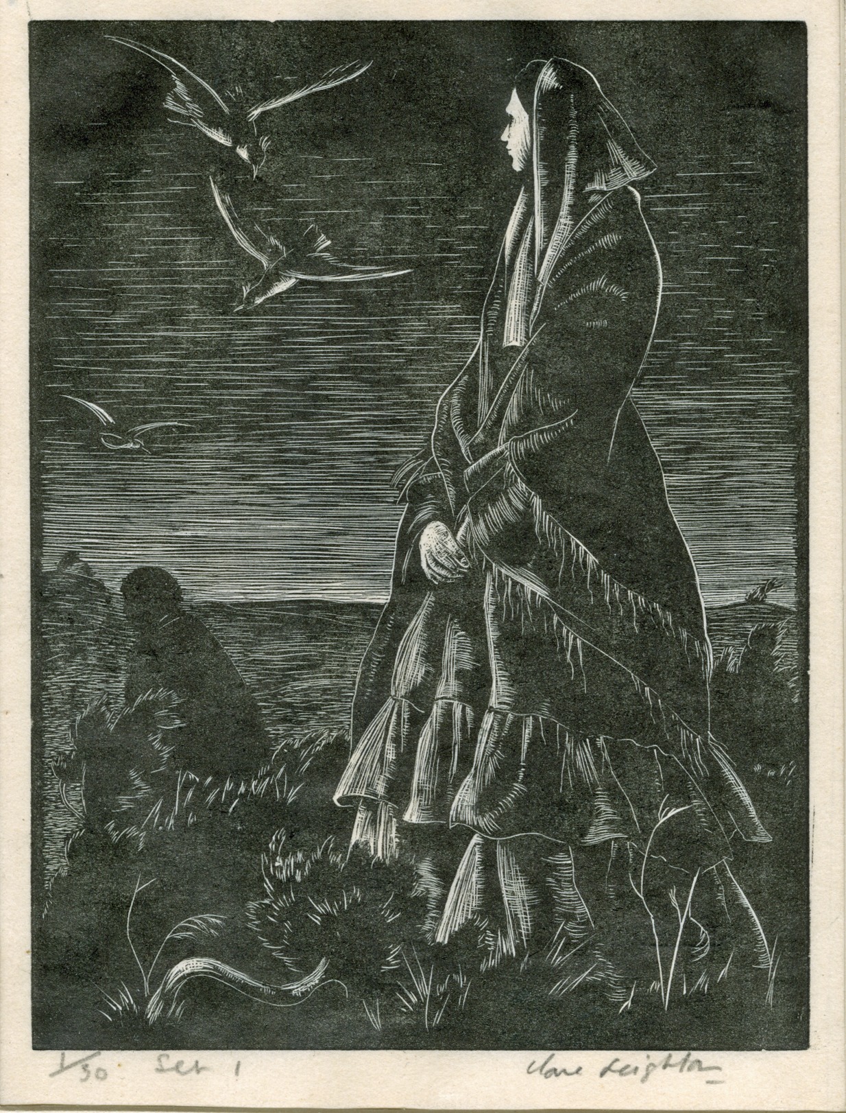 Woman watching bird flying (Illustration to Thomas Hardy's The Return of the Native) (1929)