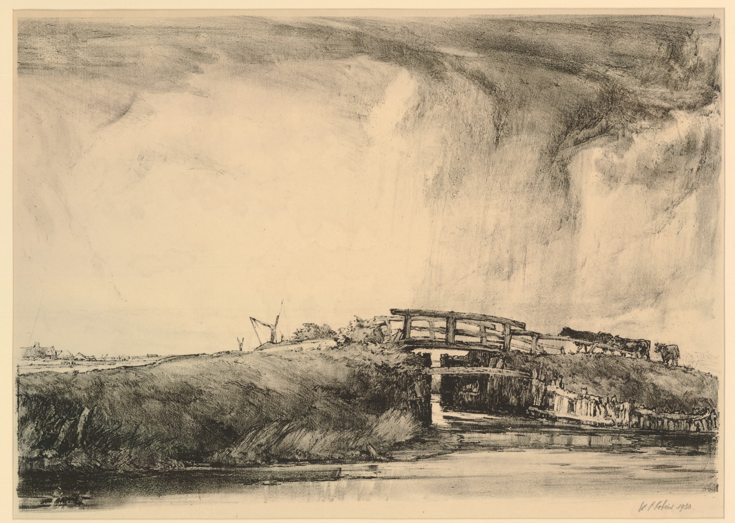 Landscape with cattle crossing bridge over river (1930)