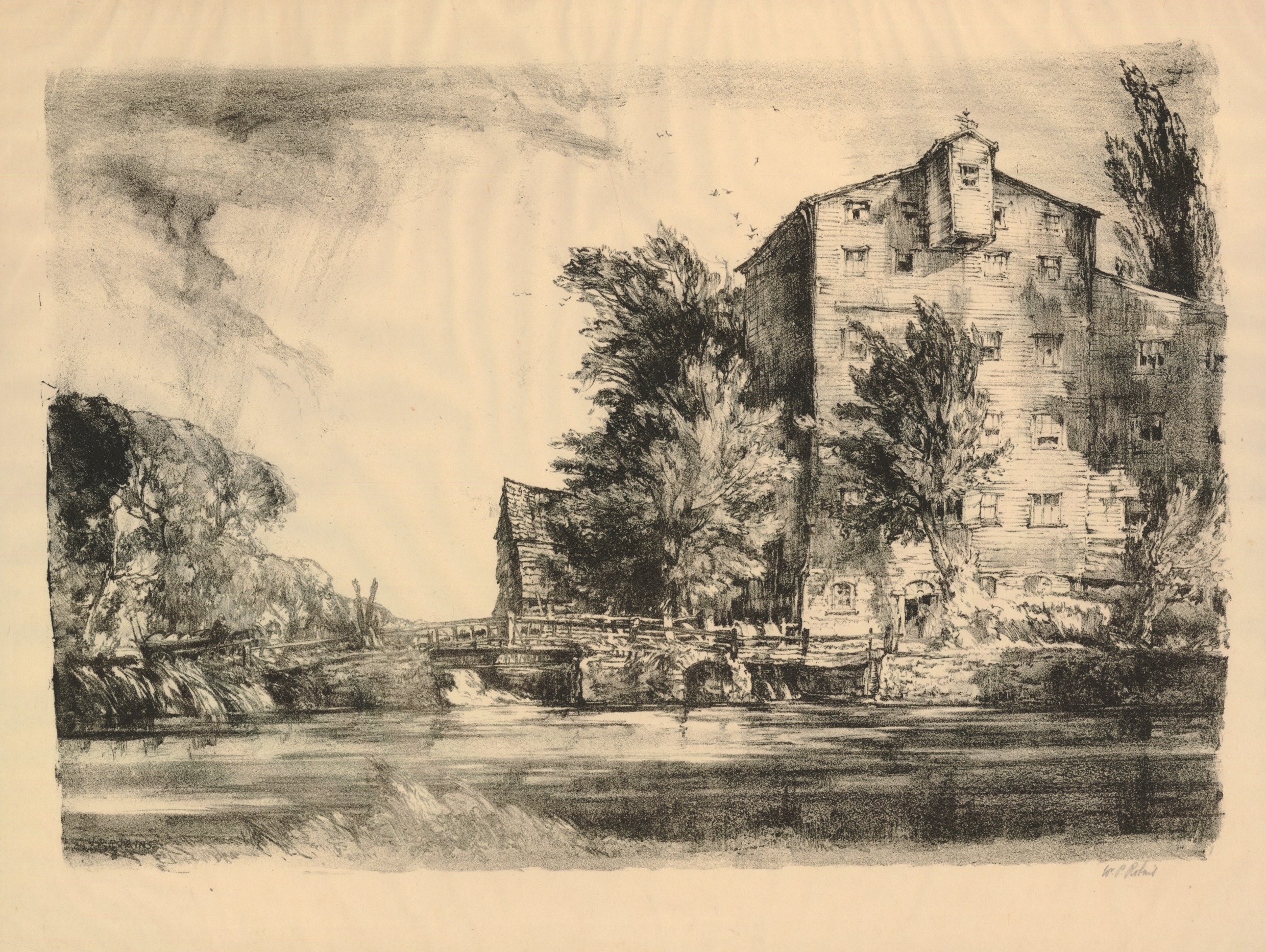 View across water to mill (circa 1930)