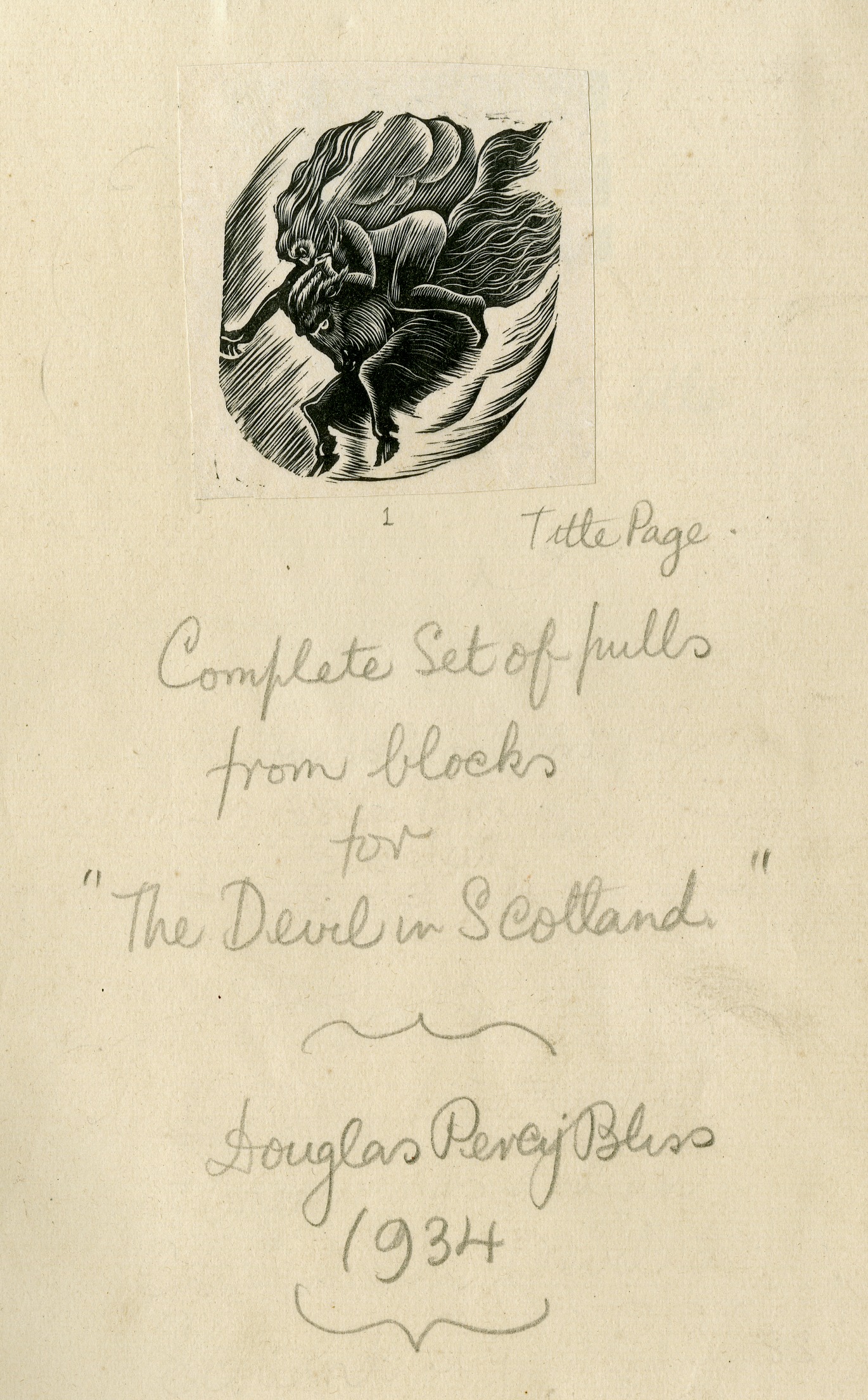 Title Page (from Album containing complete set of pulls from blocks for 'The Devil in Scotland' by Douglas Percy Bliss) (1934)