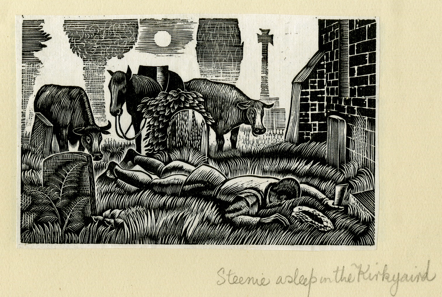 Steenie asleep in the Kirkyaird [sic] (from Album containing complete set of pulls from blocks for 'The Devil in Scotland' by Douglas Percy Bliss) (1934)