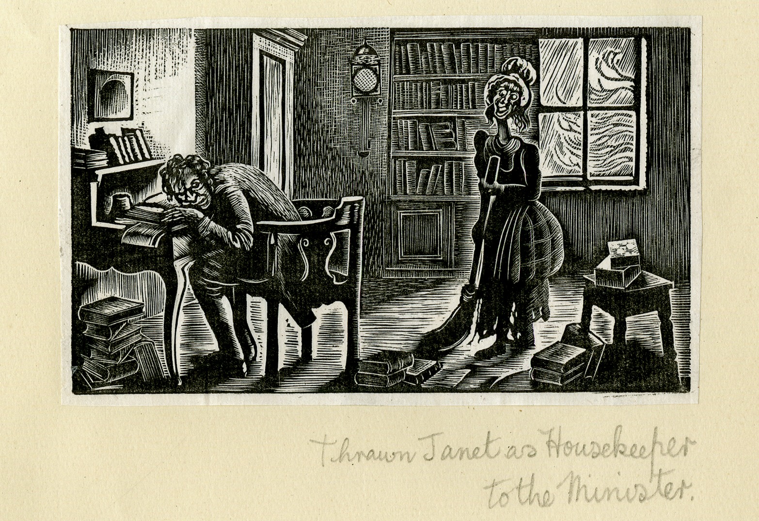 Thrawn Janet as Housekeeper to the Minister (from Album containing complete set of pulls from blocks for 'The Devil in Scotland' by Douglas Percy Bliss) (1934)