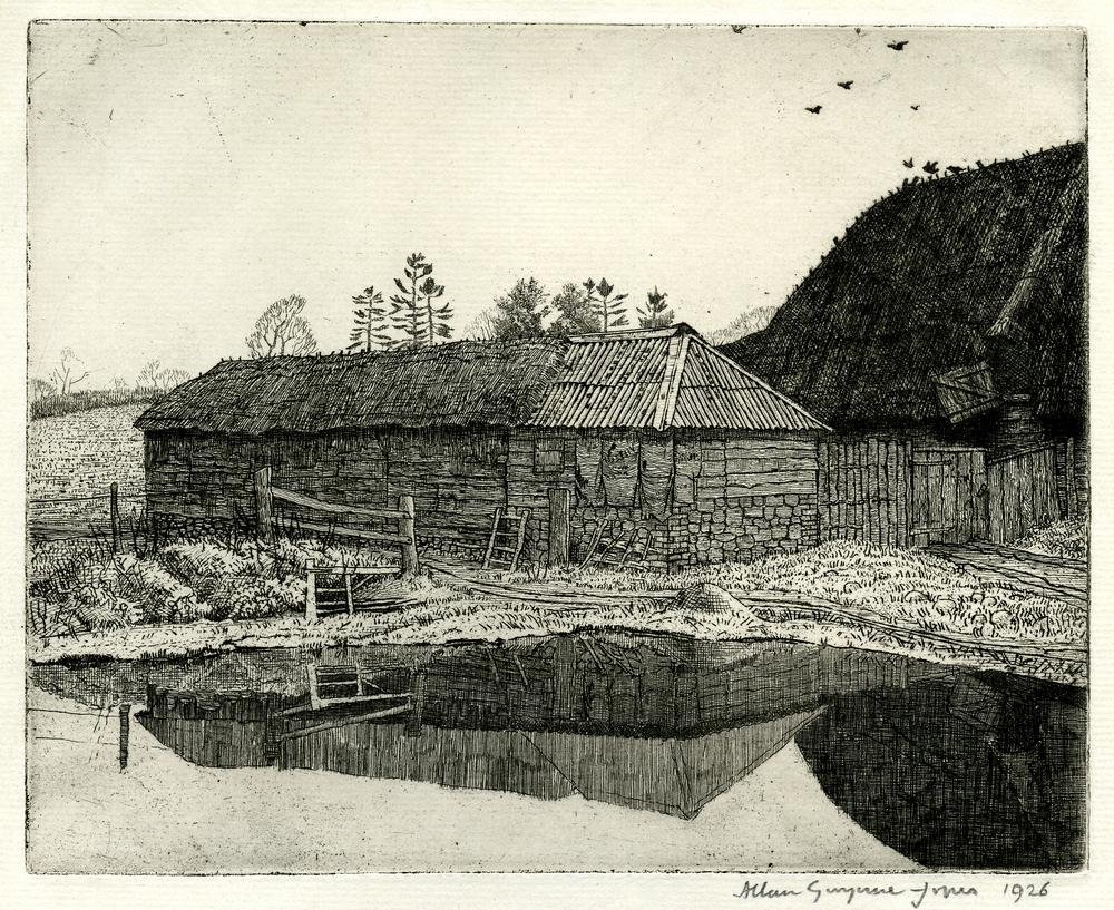 Barn and pond, evening, Froxfield, Wiltshire (1926)