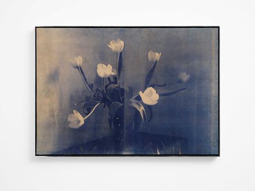 Poppy Jones Blue Flower 2023 Oil and watercolour on suede, soldered aluminium frame 