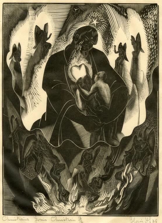 Christiana joins Christian (Illustration to John Bunyan's The Pilgrim's Progress, Cresset Press) (1928)