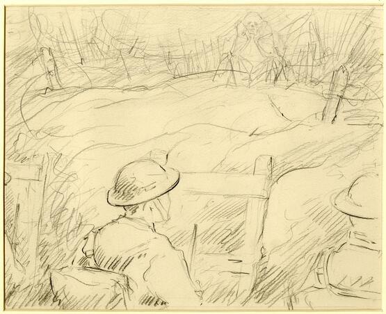 Head and shoulders of soldiers in a trench; The Dance of Death (study for series of seven etchings) (1914-18)