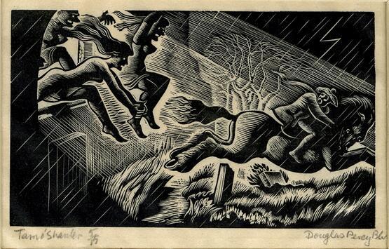 Man racing off on horse (Illustration to Robert Burns's 'Tam O'Shanter' in Douglas Percy Bliss's 'The Devil in Scotland') (1934)