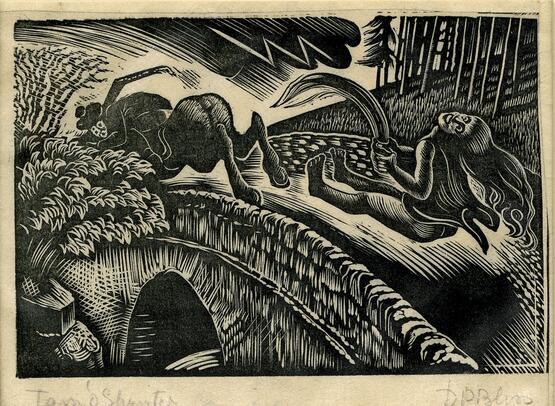 Man racing over bridge on horseback (Illustration to Robert Burns's 'Tam O'Shanter' in Douglas Percy Bliss's 'The Devil in Scotland') (1934)