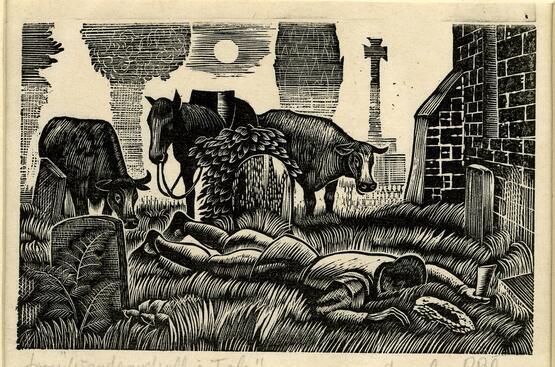 Man lying between graves (Illustration to Sir Walter Scott's 'Wandering Willie's Tale' in Douglas Percy Bliss's 'The Devil in Scotland') (1934)