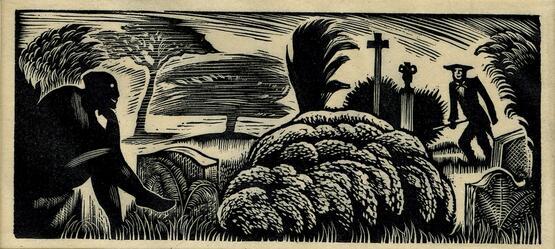 Man approaching seated figure in churchyard (Illustration to Robert Louis Stevenson's  'Thrawn Janet' in Douglas Percy Bliss's 'The Devil in Scotland') (1934)