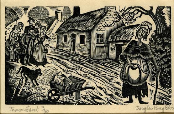 Crowd following woman along street (Illustration to Robert Louis Stevenson's 'Thrawn Janet' in Douglas Percy Bliss's 'The Devil in Scotland') (1934)