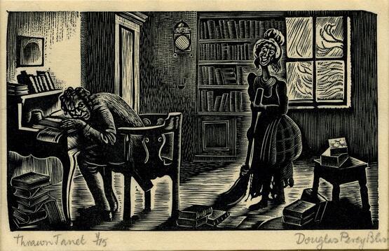 Interior with man and woman (Illustration to Robert Louis Stevenson's 'Thrawn Janet' in Douglas Percy Bliss's 'The Devil in Scotland') (1934)