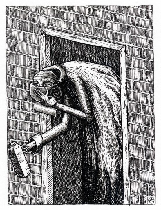 Old lady collecting milk from doorstep (clutching rolled up towel like the air is poison) (Pandemic Diary series, no. 33) (2020)