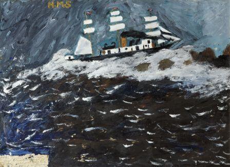 Seascape: 'HMS Wasp - gunboat - Wrecked Back of Lighthouse Tory Island, where 82 of the Noble Crew had Sunk in the Raging Sea' (circa 1963)
