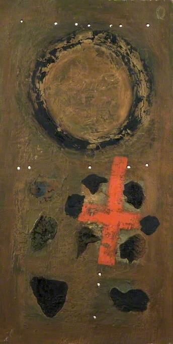 Abstract (Red Cross on a Brown Panel, Black Circle) 'Gemeaux' (1959)