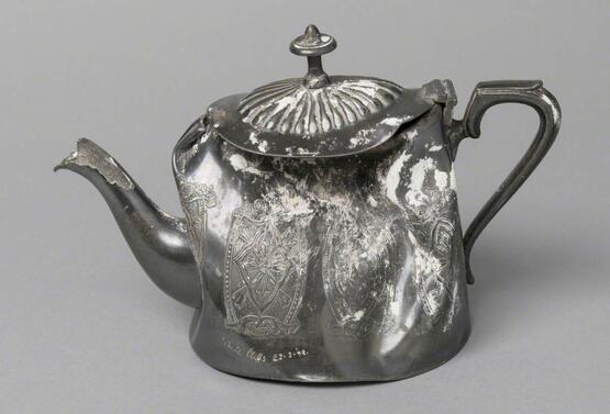 Object that fell off the white cliffs of Dover (Silver  teapot; engraved by artist, ''White cliffs 23.3.92') (1992)