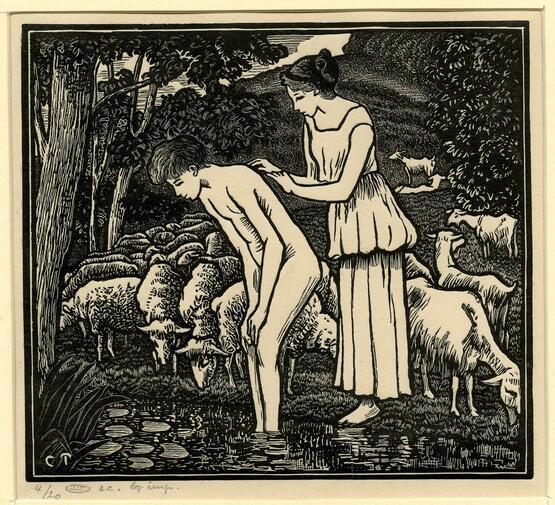 Chloe washing the back of Daphnis in a stream (after Camille Pissarro) (Illustration to Longus' Daphne and Chloe) (circa 1906)