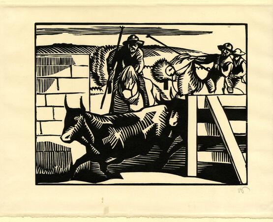 Men on horseback herding bulls into pen (1922)