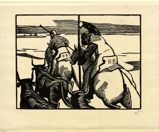 Two men on horseback hunting bulls (1922)
