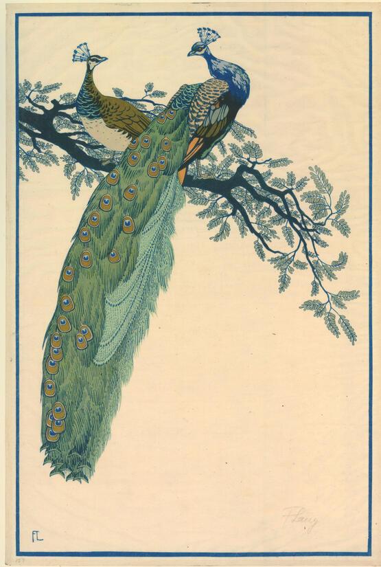 Pfauenpaar auf Ast (Two peacocks on a branch) (circa 1926)