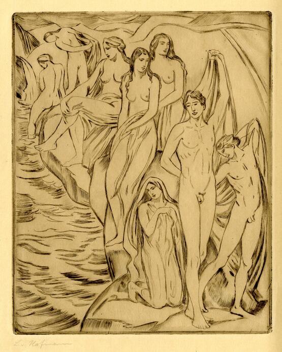 Nude women and men on a seashore (circa 1920)