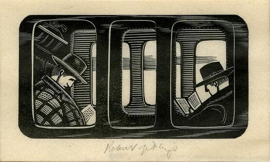 Vignette of two men in railway carriage (Illustration to Grey's 'Fallodon Papers', London: 1926) (1926)
