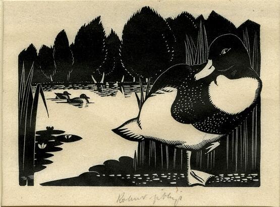 One duck on bank and two in water (Illustration to Grey's 'Fallodon Papers', London: 1926) (1926)
