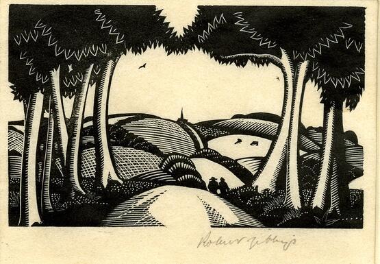 Hilly landscape with road, seen between trees (Illustration to Grey's 'Fallodon Papers', London: 1926) (1926)