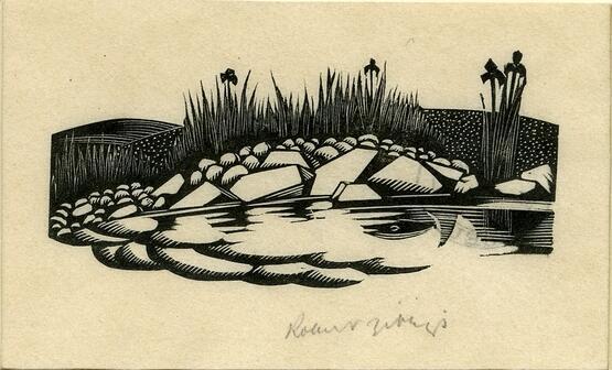 Vignette of irises by stream (Illustration to Grey's 'Fallodon Papers', London: 1926) (1926)
