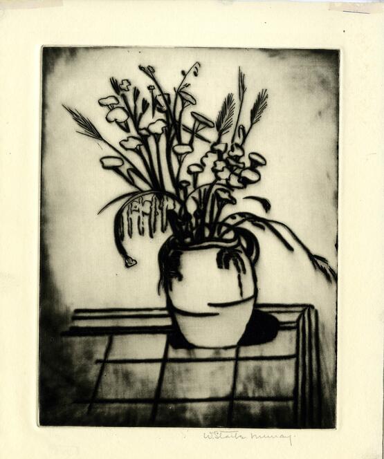 Still Life with vase of flowers on table (1928)