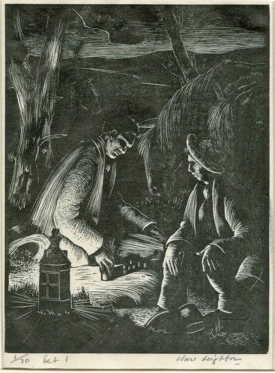Two men with horses in the open by lamplight (Illustration to Thomas Hardy's The Return of the Native) (1929)