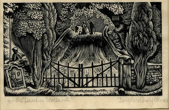 View over gate to man and woman talking on bridge (Illustration to Douglas Percy Bliss' 'The Devil in Scotland') (1934)