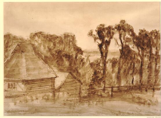 Trees and barns, near Bucklebury (1942)