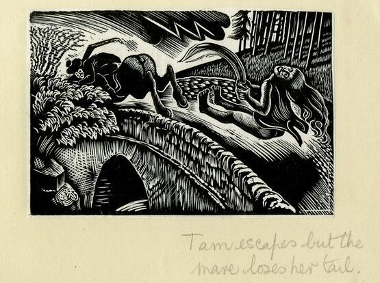 Tam escapes but the mare loses her tail (from Album containing complete set of pulls from blocks for 'The Devil in Scotland' by Douglas Percy Bliss) (1934)