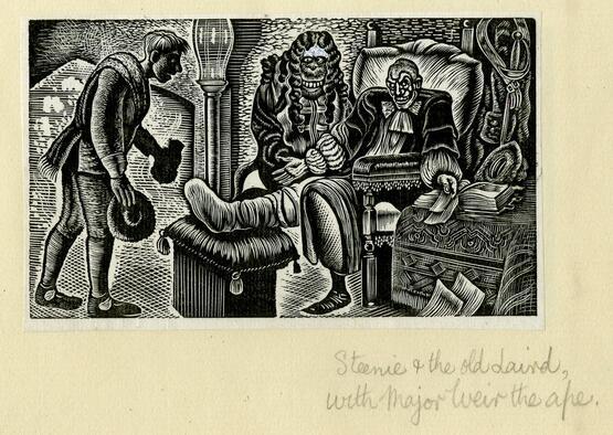 Steenie & the old Laird, with Major Weirtheape. (from Album containing complete set of pulls from blocks for 'The Devil in Scotland' by Douglas Percy Bliss) (1934)