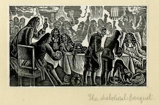 The diabolical banquet (from Album containing complete set of pulls from blocks for 'The Devil in Scotland' by Douglas Percy Bliss) (1934)