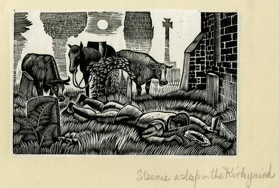 Steenie asleep in the Kirkyaird [sic] (from Album containing complete set of pulls from blocks for 'The Devil in Scotland' by Douglas Percy Bliss) (1934)